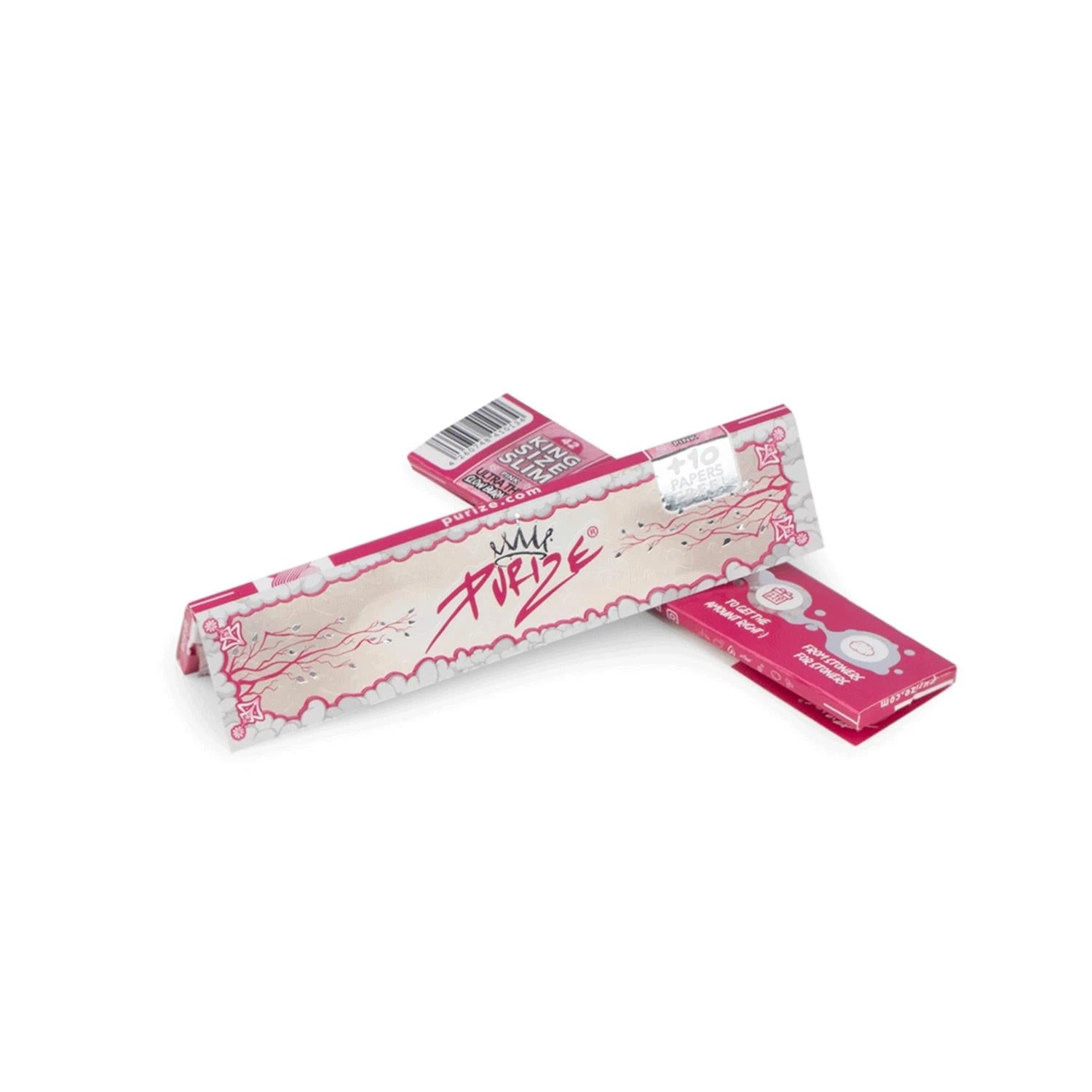PURIZE King Size Slim Papers in Pink, zwei Heftchen mit PURIZE Logo, Krone, ultra thin, 42 Leaves und +10 Papers Free Hinweis
